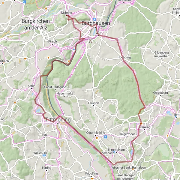 Map miniature of "Mehring Gravel Adventure" cycling inspiration in Oberbayern, Germany. Generated by Tarmacs.app cycling route planner