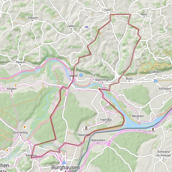 Map miniature of "Marktl Exploration" cycling inspiration in Oberbayern, Germany. Generated by Tarmacs.app cycling route planner