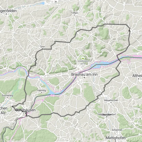 Karten-Miniaturansicht der Radinspiration "Road-Tour entlang der Marktl und Neukirchen an der Enknach" in Oberbayern, Germany. Erstellt vom Tarmacs.app-Routenplaner für Radtouren