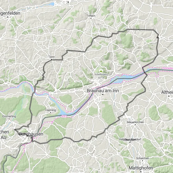 Map miniature of "Marktl Adventure" cycling inspiration in Oberbayern, Germany. Generated by Tarmacs.app cycling route planner