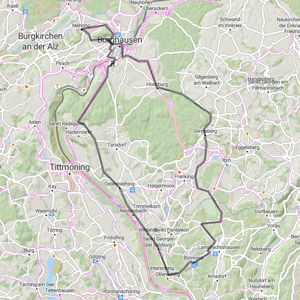 Map miniature of "Burghausen Loop" cycling inspiration in Oberbayern, Germany. Generated by Tarmacs.app cycling route planner