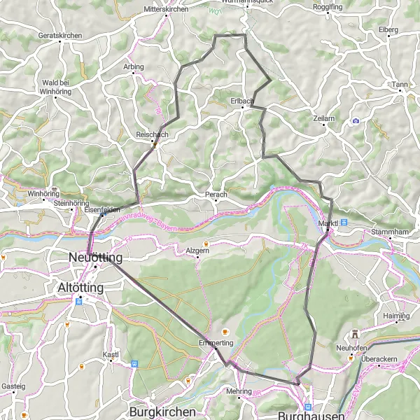 Map miniature of "Emmerting Loop" cycling inspiration in Oberbayern, Germany. Generated by Tarmacs.app cycling route planner