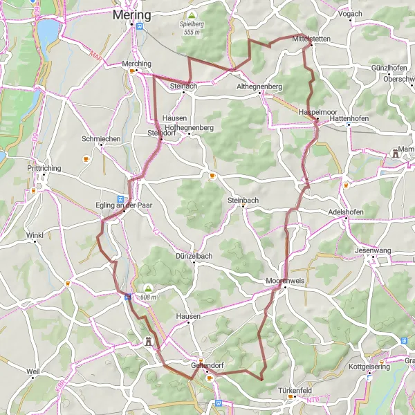 Map miniature of "Mittelstetten Gravel Adventure" cycling inspiration in Oberbayern, Germany. Generated by Tarmacs.app cycling route planner