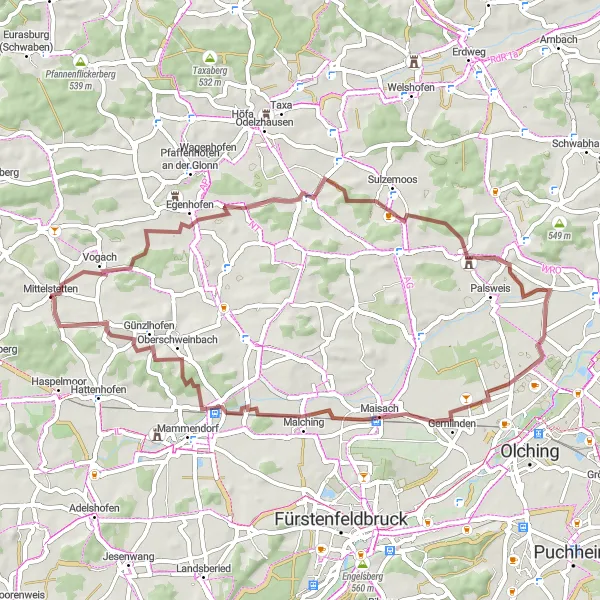 Map miniature of "Mittelstetten Gravel Adventure" cycling inspiration in Oberbayern, Germany. Generated by Tarmacs.app cycling route planner
