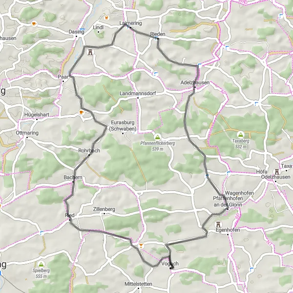 Map miniature of "Picturesque Road Cycling" cycling inspiration in Oberbayern, Germany. Generated by Tarmacs.app cycling route planner