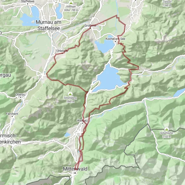 Map miniature of "Scenic Gravel Tour from Mittenwald" cycling inspiration in Oberbayern, Germany. Generated by Tarmacs.app cycling route planner