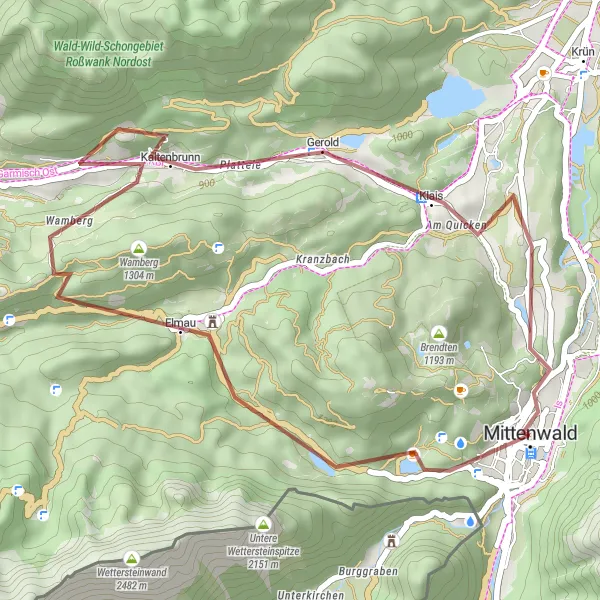 Map miniature of "Short Gravel Adventure near Mittenwald" cycling inspiration in Oberbayern, Germany. Generated by Tarmacs.app cycling route planner
