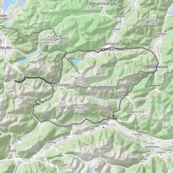Map miniature of "Mittenwald to Telfs Circular Route" cycling inspiration in Oberbayern, Germany. Generated by Tarmacs.app cycling route planner