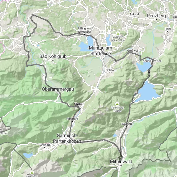 Karten-Miniaturansicht der Radinspiration "Rundtour um Mittenwald und Oberammergau" in Oberbayern, Germany. Erstellt vom Tarmacs.app-Routenplaner für Radtouren