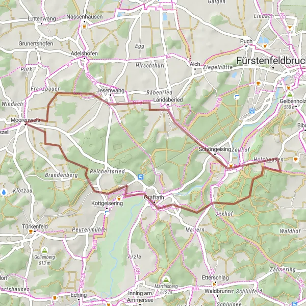 Karten-Miniaturansicht der Radinspiration "Gravelabenteuer in Jesenwang" in Oberbayern, Germany. Erstellt vom Tarmacs.app-Routenplaner für Radtouren