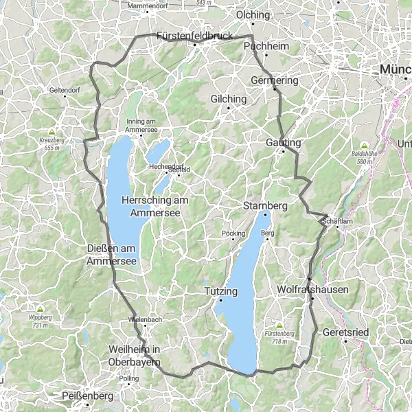 Karten-Miniaturansicht der Radinspiration "Radtour durch Fürstenfeldbruck und Wolfratshausen" in Oberbayern, Germany. Erstellt vom Tarmacs.app-Routenplaner für Radtouren
