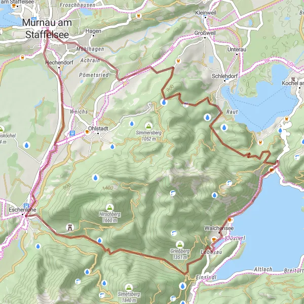 Karten-Miniaturansicht der Radinspiration "Bergabenteuer um Murnau" in Oberbayern, Germany. Erstellt vom Tarmacs.app-Routenplaner für Radtouren