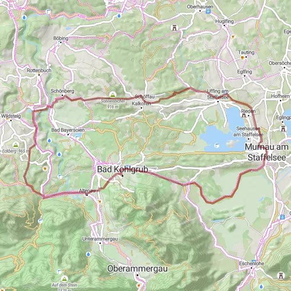 Map miniature of "Gravel Adventure near Murnau am Staffelsee" cycling inspiration in Oberbayern, Germany. Generated by Tarmacs.app cycling route planner