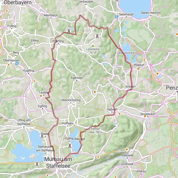 Karten-Miniaturansicht der Radinspiration "Gravelabenteuer um Murnau" in Oberbayern, Germany. Erstellt vom Tarmacs.app-Routenplaner für Radtouren
