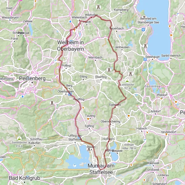 Map miniature of "Murnau Gravel Loop" cycling inspiration in Oberbayern, Germany. Generated by Tarmacs.app cycling route planner