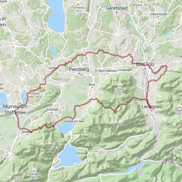 Karten-Miniaturansicht der Radinspiration "Gravel Tour zu den Bergen von Oberbayern" in Oberbayern, Germany. Erstellt vom Tarmacs.app-Routenplaner für Radtouren