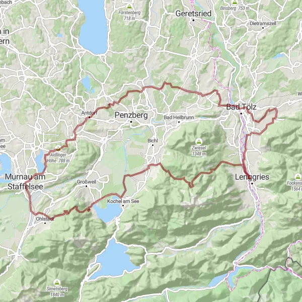 Map miniature of "Gravel Adventure" cycling inspiration in Oberbayern, Germany. Generated by Tarmacs.app cycling route planner