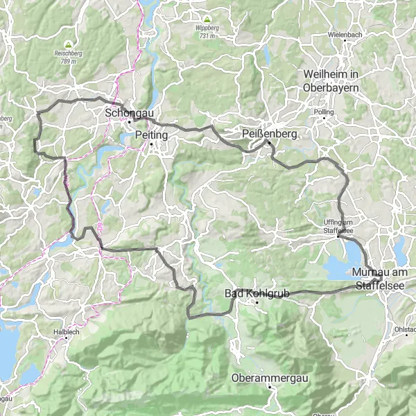 Karten-Miniaturansicht der Radinspiration "Rund um Murnau und Staffelsee" in Oberbayern, Germany. Erstellt vom Tarmacs.app-Routenplaner für Radtouren
