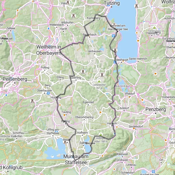 Map miniature of "Staffelsee Loop" cycling inspiration in Oberbayern, Germany. Generated by Tarmacs.app cycling route planner