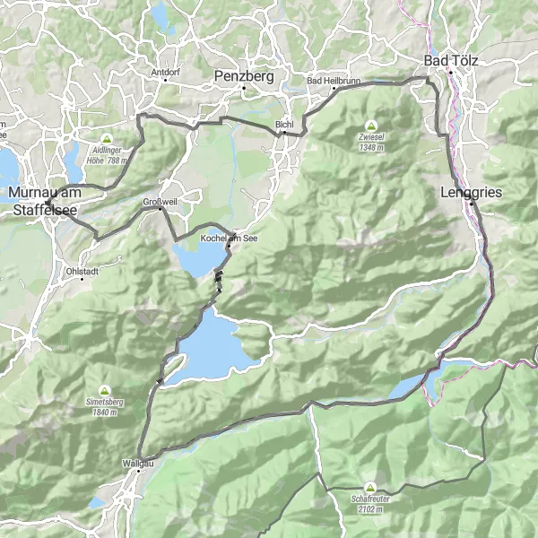 Map miniature of "To the Mountains and Back" cycling inspiration in Oberbayern, Germany. Generated by Tarmacs.app cycling route planner