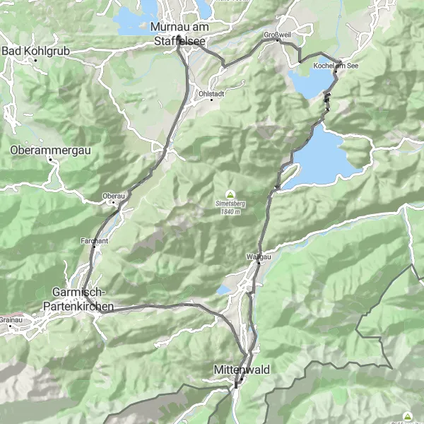 Karten-Miniaturansicht der Radinspiration "Rundtour um Murnau und Kochelsee" in Oberbayern, Germany. Erstellt vom Tarmacs.app-Routenplaner für Radtouren