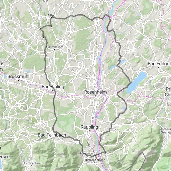 Map miniature of "Inn River Loop" cycling inspiration in Oberbayern, Germany. Generated by Tarmacs.app cycling route planner