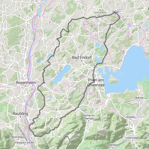 Map miniature of "The Challenging Loop to Nußdorf am Inn" cycling inspiration in Oberbayern, Germany. Generated by Tarmacs.app cycling route planner