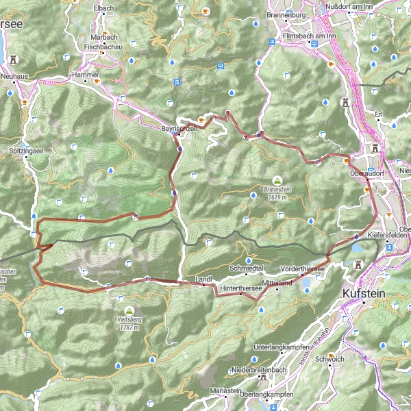 Map miniature of "Picturesque Gravel Cycling Routes near Oberaudorf" cycling inspiration in Oberbayern, Germany. Generated by Tarmacs.app cycling route planner