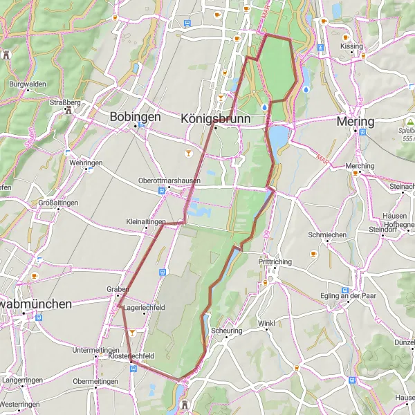 Map miniature of "Gravel Ride in Obermeitingen" cycling inspiration in Oberbayern, Germany. Generated by Tarmacs.app cycling route planner