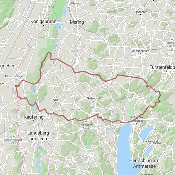 Karten-Miniaturansicht der Radinspiration "Rundtour zum Ammersee und Landsberied" in Oberbayern, Germany. Erstellt vom Tarmacs.app-Routenplaner für Radtouren