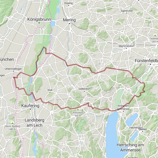 Map miniature of "Exploring Lechfeld" cycling inspiration in Oberbayern, Germany. Generated by Tarmacs.app cycling route planner