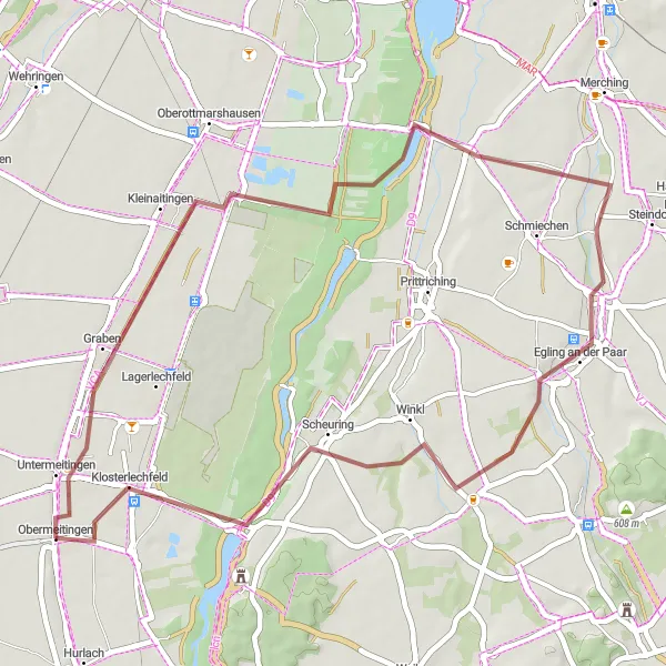 Map miniature of "Scenic Gravel Tour around Obermeitingen" cycling inspiration in Oberbayern, Germany. Generated by Tarmacs.app cycling route planner