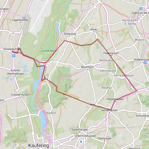 Map miniature of "Scheuring Adventure" cycling inspiration in Oberbayern, Germany. Generated by Tarmacs.app cycling route planner