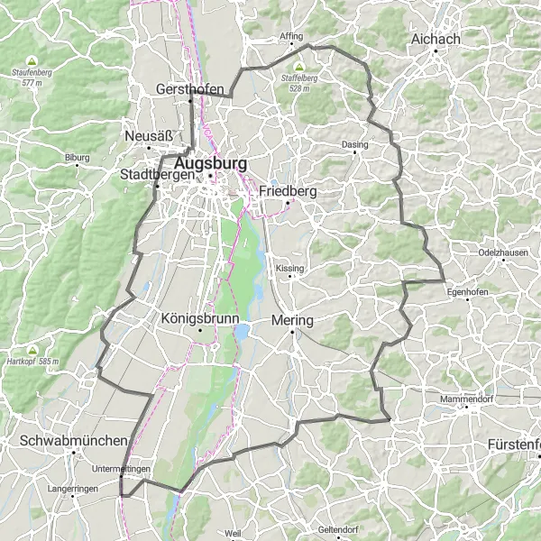 Map miniature of "Obermeitingen and Beyond" cycling inspiration in Oberbayern, Germany. Generated by Tarmacs.app cycling route planner