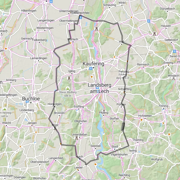 Map miniature of "Cycling the Cultural Route" cycling inspiration in Oberbayern, Germany. Generated by Tarmacs.app cycling route planner