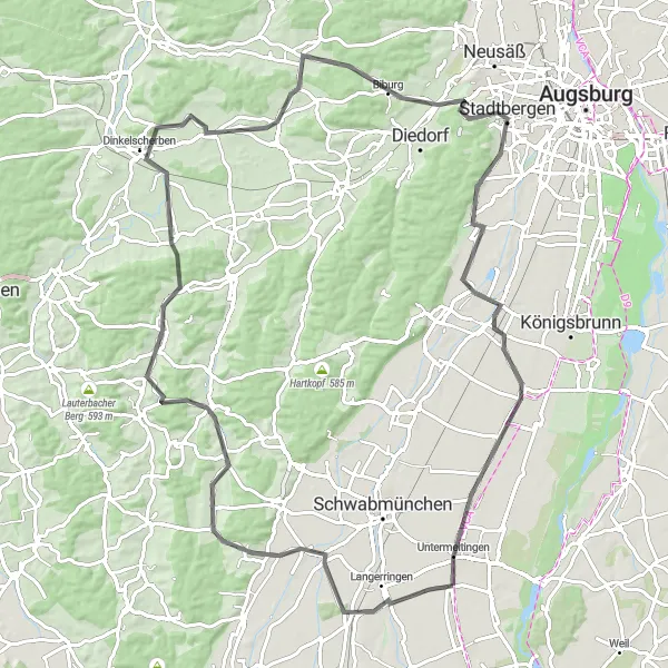 Map miniature of "Road Cycling Route through Obermeitingen" cycling inspiration in Oberbayern, Germany. Generated by Tarmacs.app cycling route planner