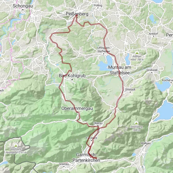 Map miniature of "Tour of the Lakes" cycling inspiration in Oberbayern, Germany. Generated by Tarmacs.app cycling route planner