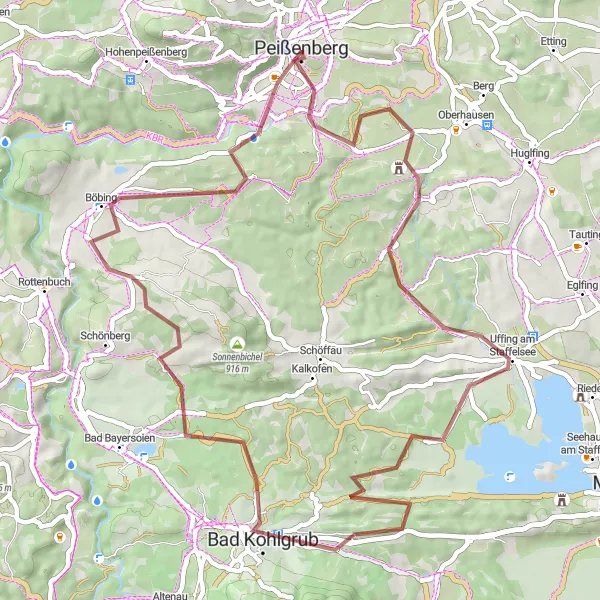 Map miniature of "The Gravel Adventure of Peißenberg" cycling inspiration in Oberbayern, Germany. Generated by Tarmacs.app cycling route planner