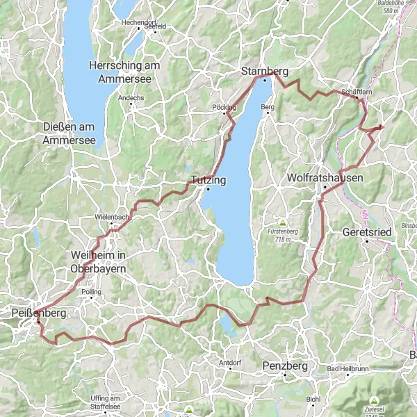 Map miniature of "Bavarian Gem" cycling inspiration in Oberbayern, Germany. Generated by Tarmacs.app cycling route planner
