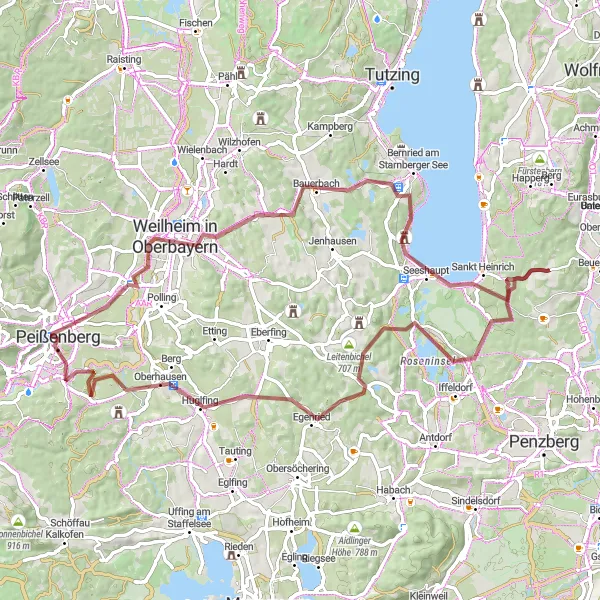 Map miniature of "Bavarian Countryside Escape" cycling inspiration in Oberbayern, Germany. Generated by Tarmacs.app cycling route planner