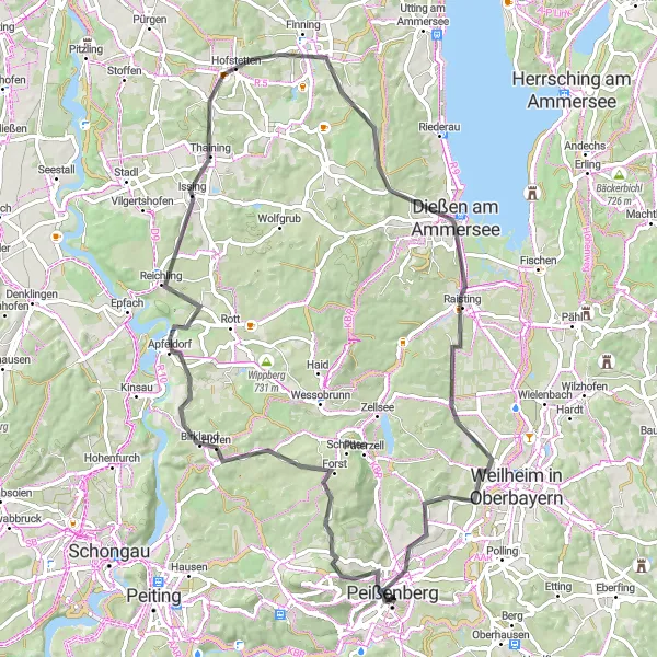 Map miniature of "The Charms of Oberbayern" cycling inspiration in Oberbayern, Germany. Generated by Tarmacs.app cycling route planner