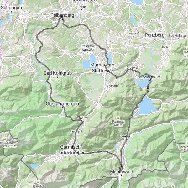 Map miniature of "The Ultimate Alpine Challenge" cycling inspiration in Oberbayern, Germany. Generated by Tarmacs.app cycling route planner