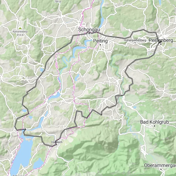 Map miniature of "The Scenic Beauty of Oberbayern" cycling inspiration in Oberbayern, Germany. Generated by Tarmacs.app cycling route planner