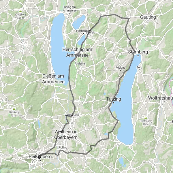 Map miniature of "Lake Ammersee Adventure" cycling inspiration in Oberbayern, Germany. Generated by Tarmacs.app cycling route planner