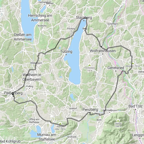 Map miniature of "Discover the Bavarian Countryside" cycling inspiration in Oberbayern, Germany. Generated by Tarmacs.app cycling route planner