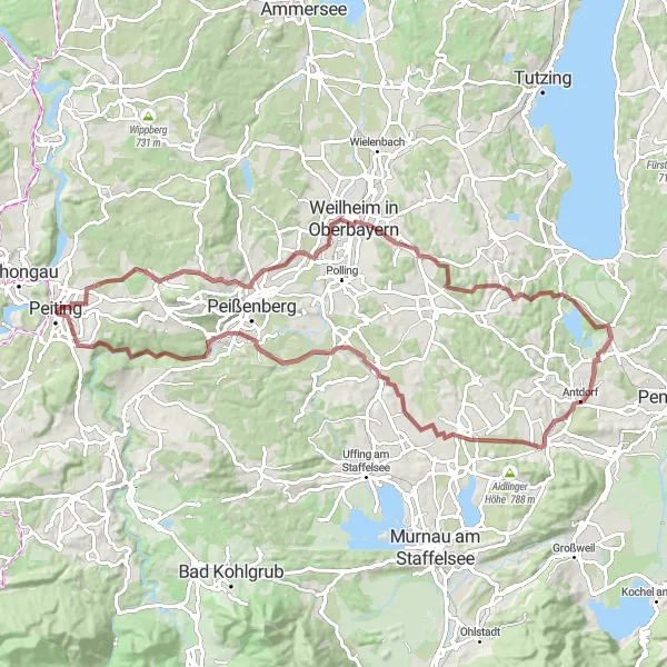 Map miniature of "Gravel Escape: Peiting Adventure" cycling inspiration in Oberbayern, Germany. Generated by Tarmacs.app cycling route planner