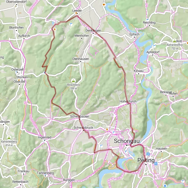 Map miniature of "Peiting to Kalvarienberg Gravel Route" cycling inspiration in Oberbayern, Germany. Generated by Tarmacs.app cycling route planner