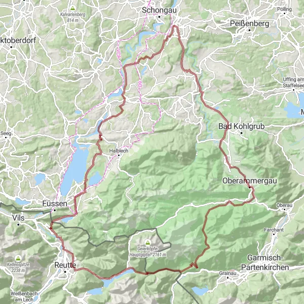 Map miniature of "Peiting to Rottenbuch Gravel Route" cycling inspiration in Oberbayern, Germany. Generated by Tarmacs.app cycling route planner