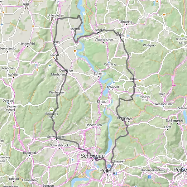 Map miniature of "Peiting Countryside Loop" cycling inspiration in Oberbayern, Germany. Generated by Tarmacs.app cycling route planner