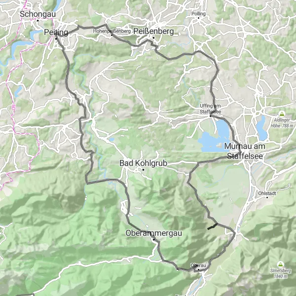 Map miniature of "Peiting to Eschenlohe Road Route" cycling inspiration in Oberbayern, Germany. Generated by Tarmacs.app cycling route planner